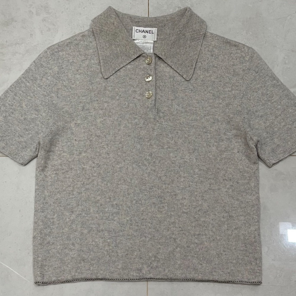 CHANEL Gray Knit Polo Sweater